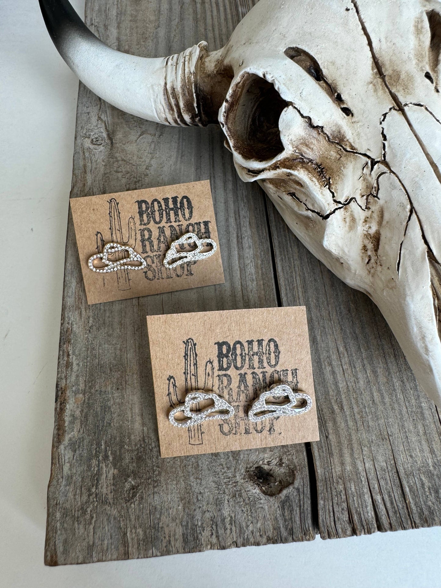 Western cut out paved Stud earrings - cowboy boots hat bow : COWBOY HAT - SILVER