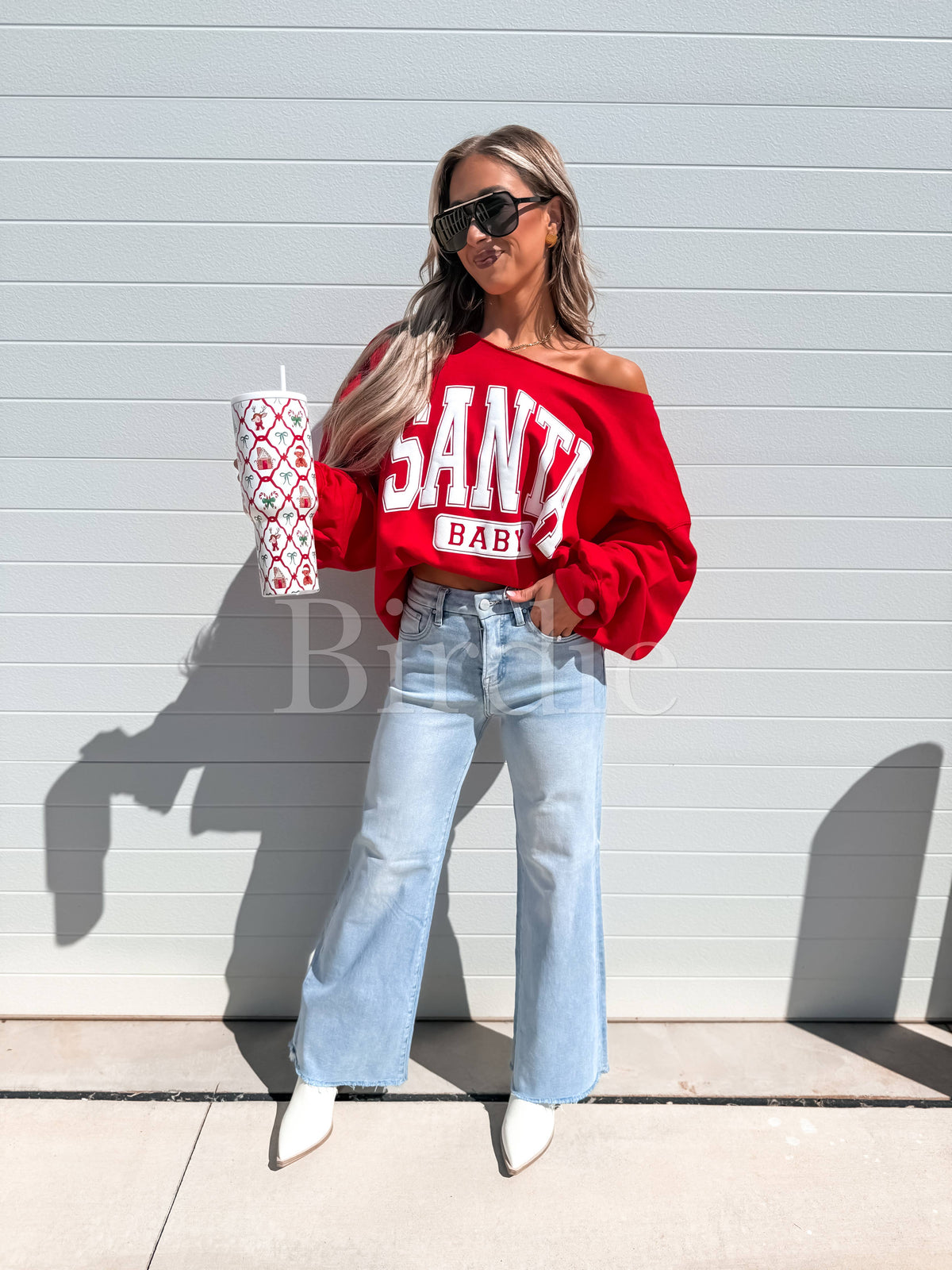 Santa Baby Graphic Crewneck off the Shoulder on Red: L