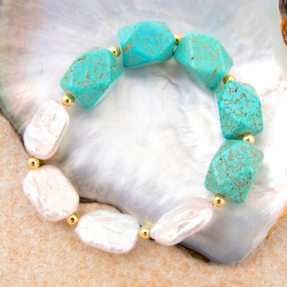 Hepburn Blue Magnesite and Pearl Golden Chunky Stretch Bracelet