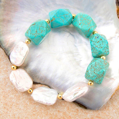 Hepburn Blue Magnesite and Pearl Golden Chunky Stretch Bracelet