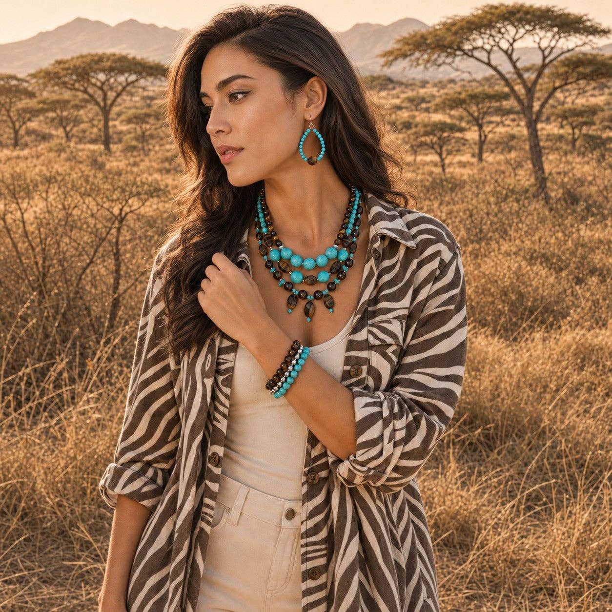 Desert Horizon Blue Turquoise and Tiger's Eye Silver Bracelet Set