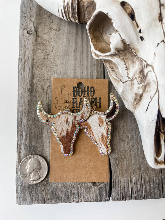 Western Cowhide Bling Steer Longhorn Earrings