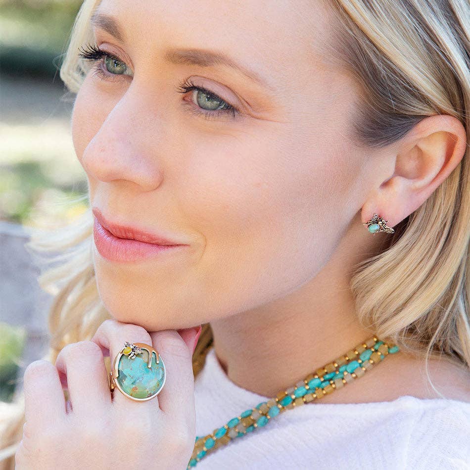 Blue Turquoise Golden Honey Bee Earrings