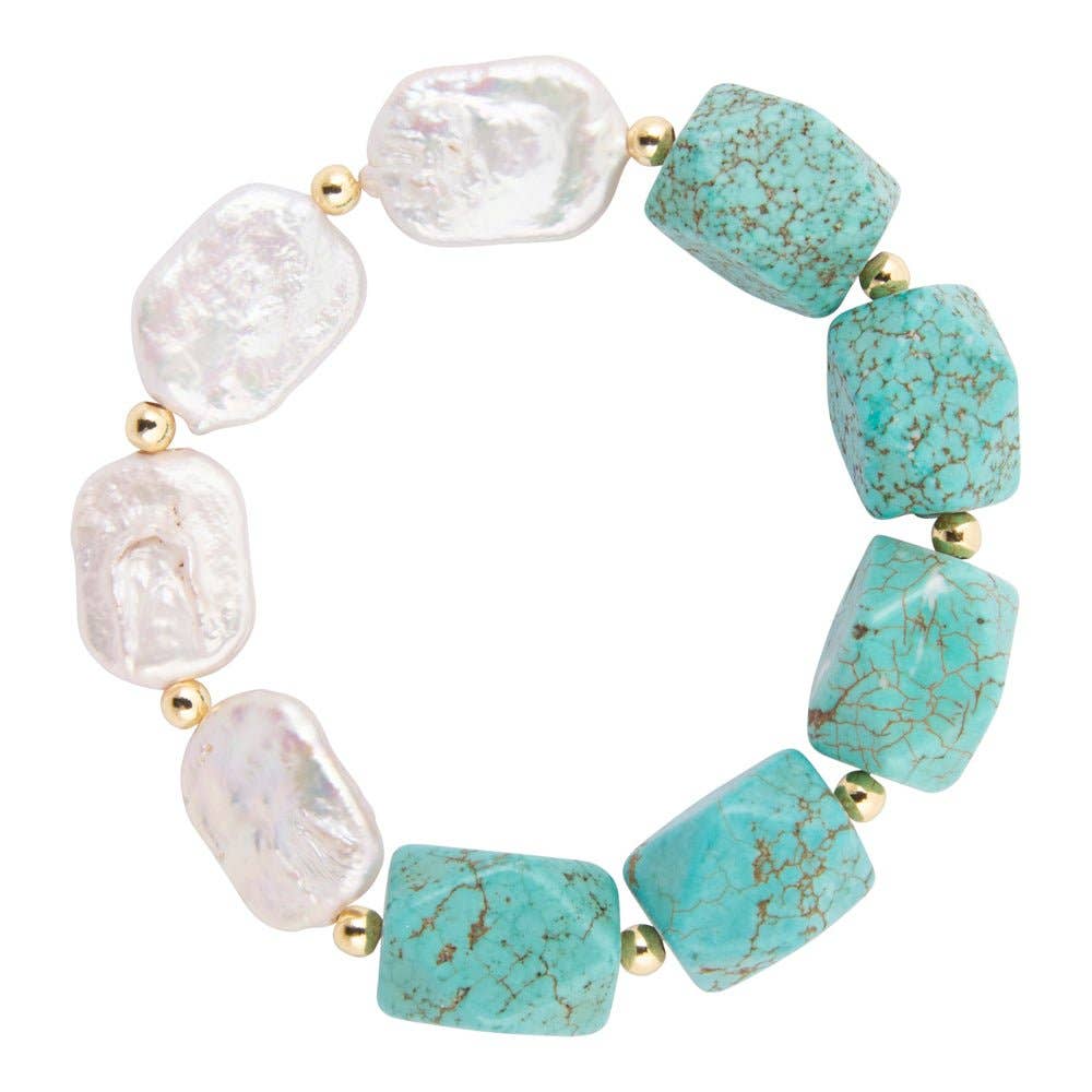Hepburn Blue Magnesite and Pearl Golden Chunky Stretch Bracelet
