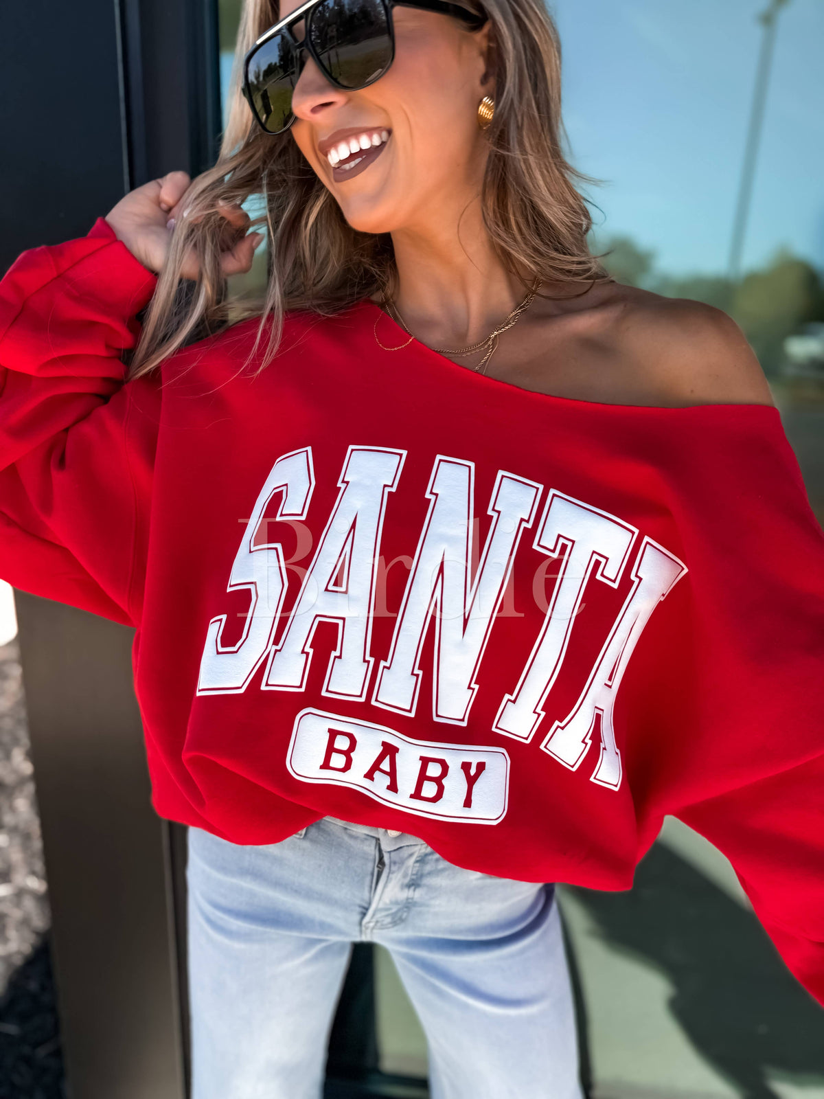Santa Baby Graphic Crewneck off the Shoulder on Red: L
