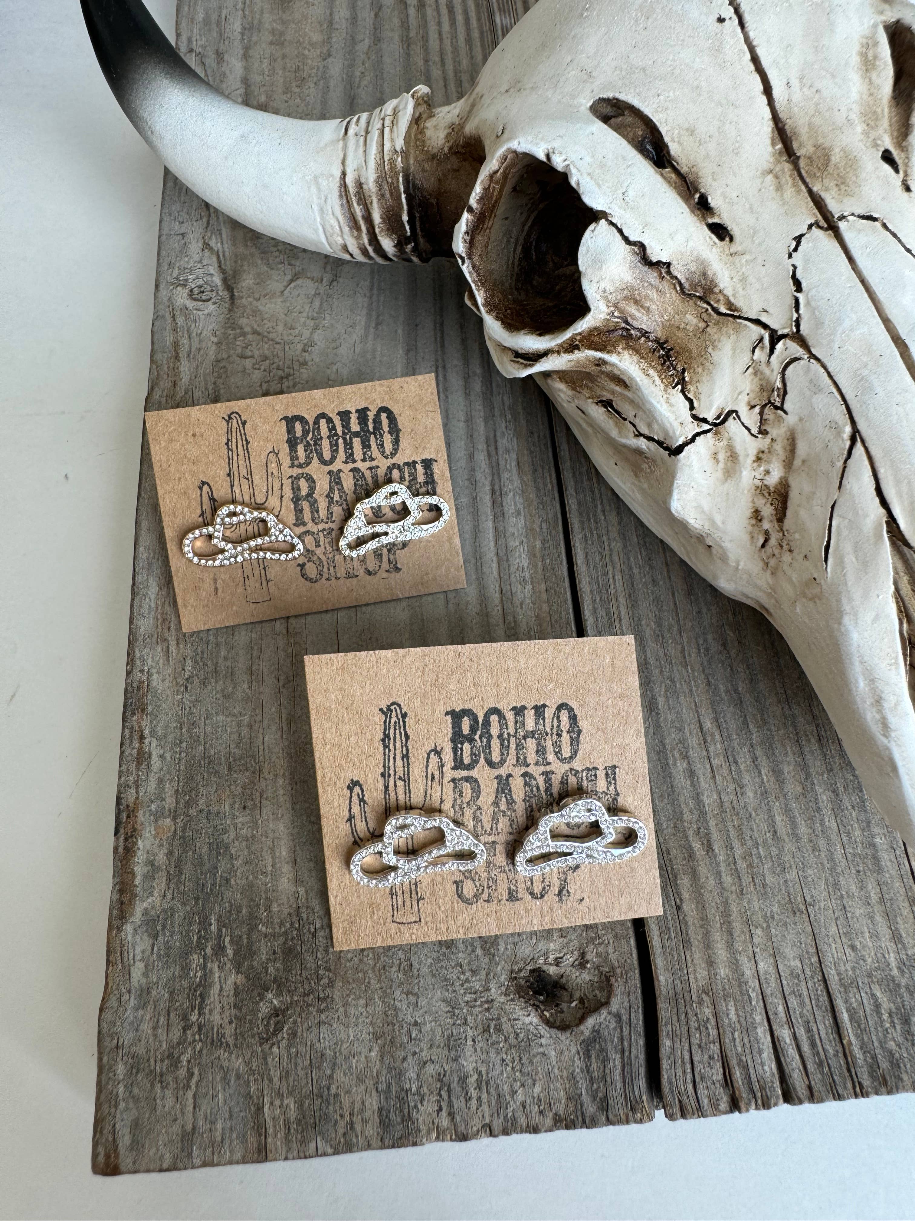 Western cut out paved Stud earrings - cowboy boots hat bow : COWBOY HAT - SILVER