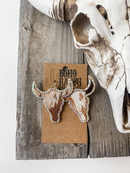 Western Cowhide Bling Steer Longhorn Earrings