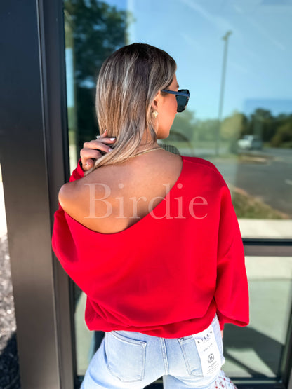 Santa Baby Graphic Crewneck off the Shoulder on Red: L
