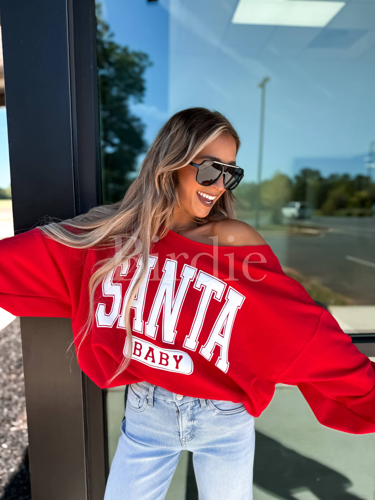 Santa Baby Graphic Crewneck off the Shoulder on Red: L